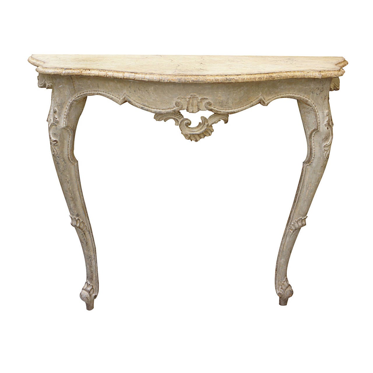 Pair of 18th Century Gustavian, hand-painted, demilune console tables with beautifully carved frames and detailed carved cabriole legs.