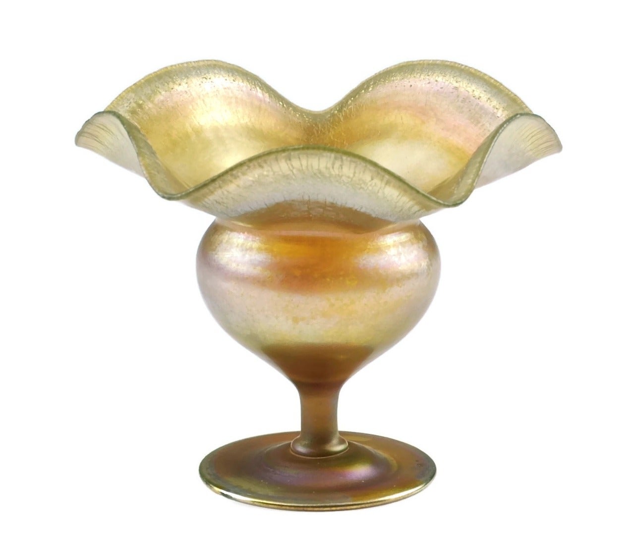 L.C. Tiffany Gold Favrile vase. This striking iridescent glass vase was made by the factory of renowned artist and designer Louis Comfort Tiffany. A trained painter, L.C. Tiffany was the son of Tiffany & Company co-founder Charles Lewis Tiffany and