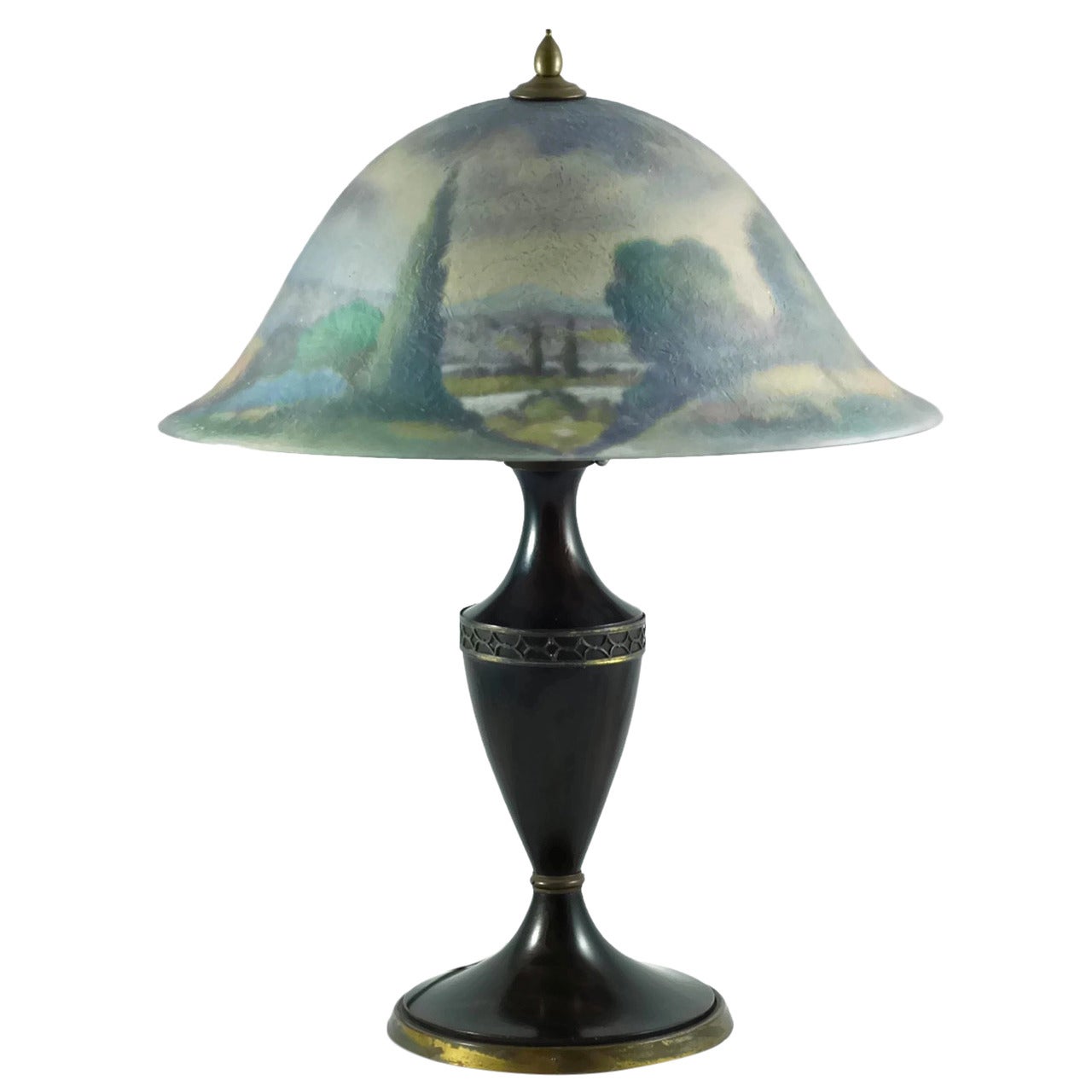 Pairpoint Reverse Painted "Copley" Lamp Shade with Mahogany and Brass Base