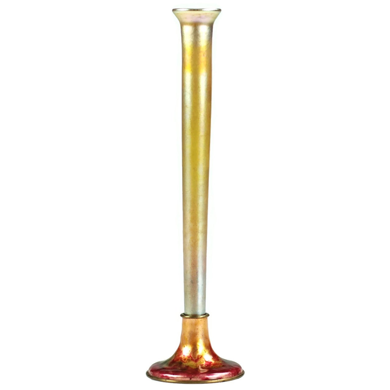 Tiffany Furnaces Gold Favrile Glass Vase with Enameled Bronze Base