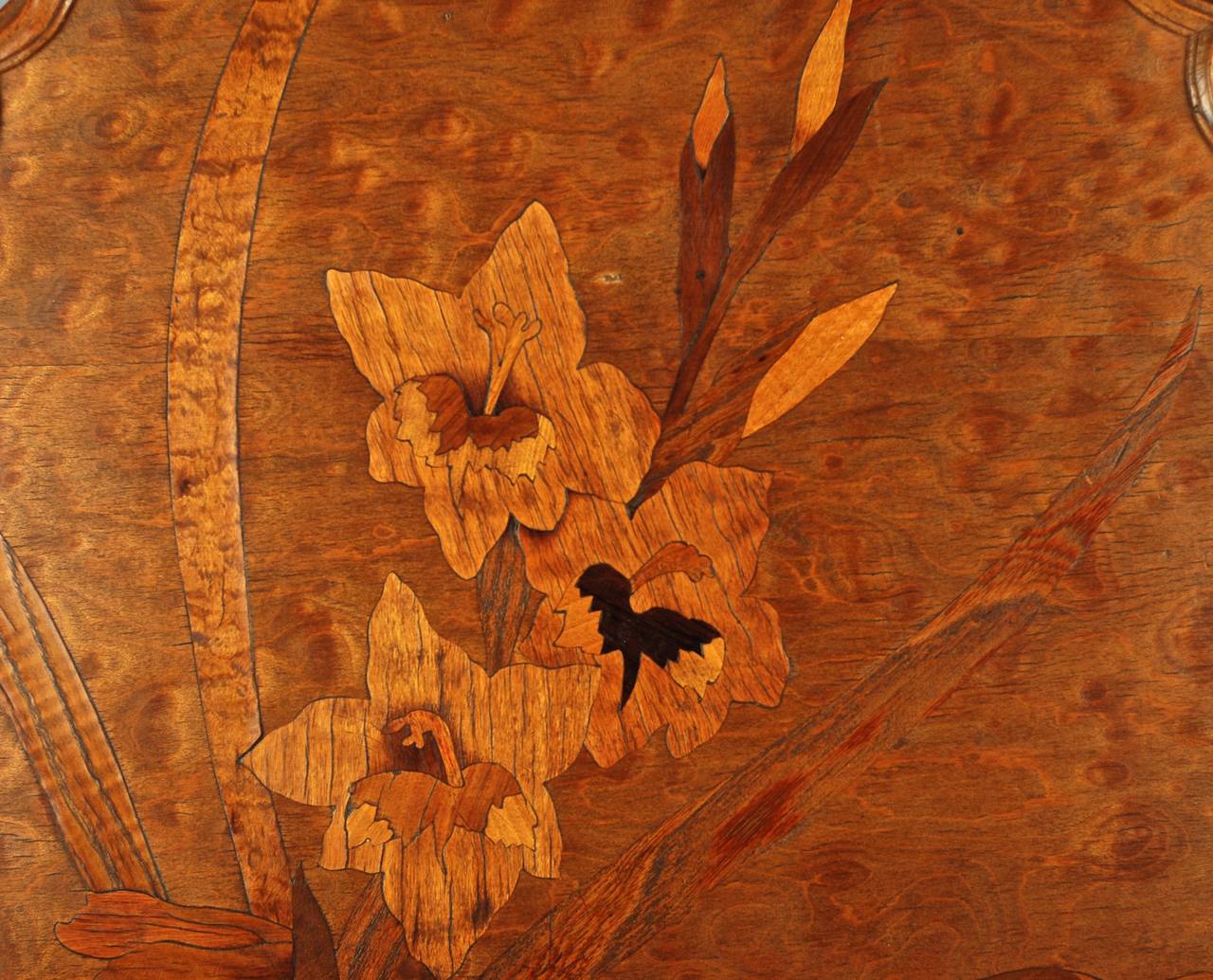 Carved Emile Gallé Art Nouveau Marquetry Fire Screen Panel with Iris Motif