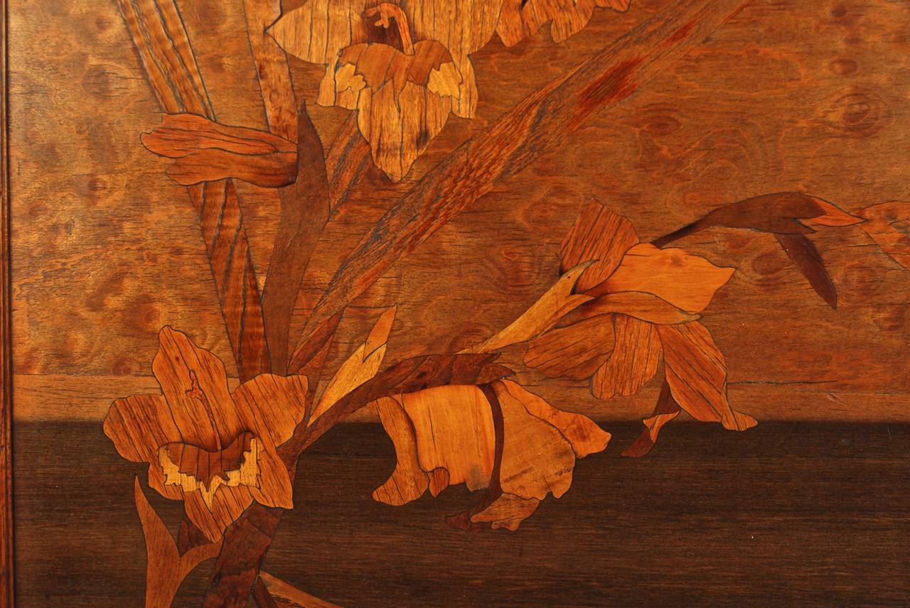 19th Century Emile Gallé Art Nouveau Marquetry Fire Screen Panel with Iris Motif