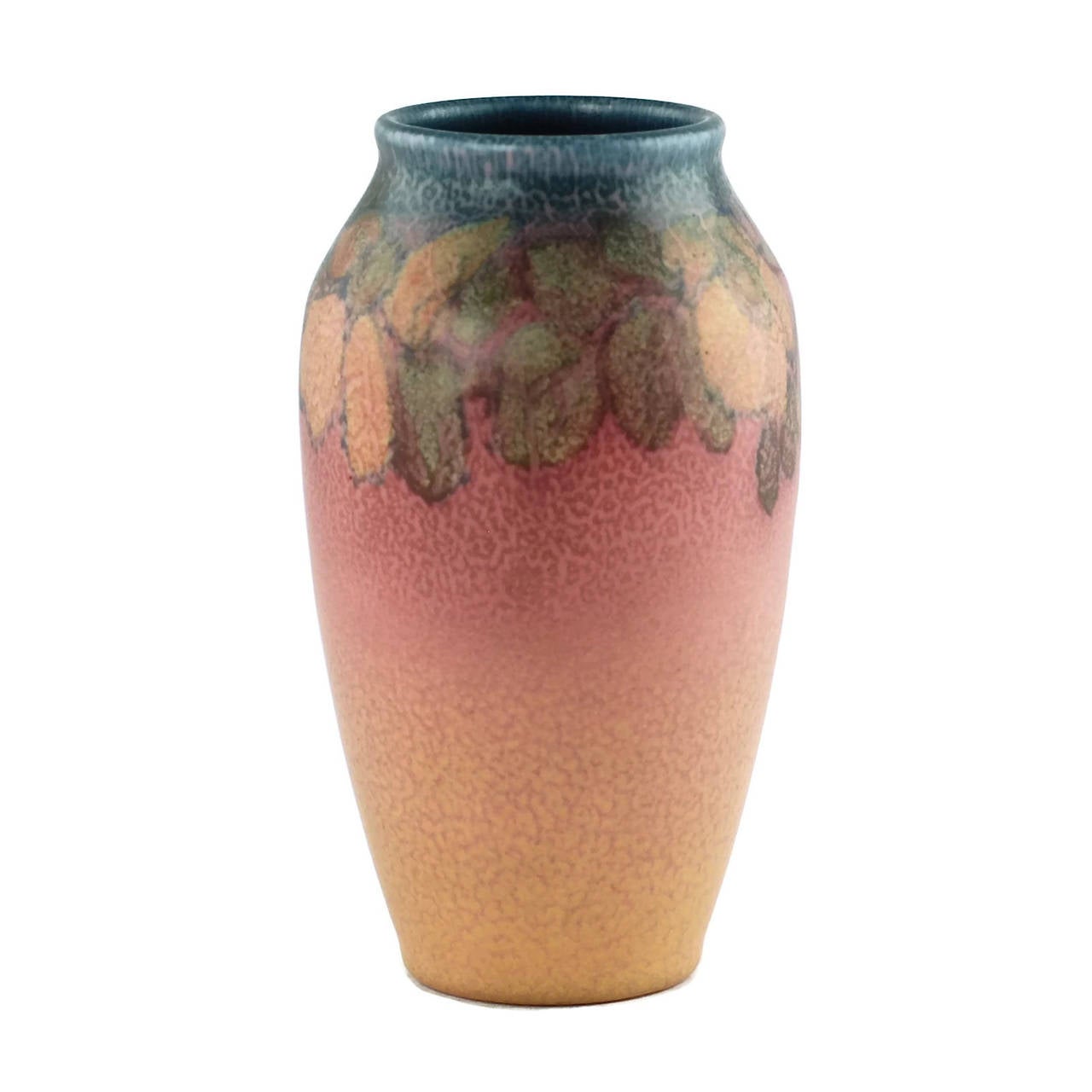 This Rookwood Pottery shaded vellum vase was hand painted by artist Sarah ''Sallie'' Elizabeth Coyne (1876-1939) in 1928.  The piece has a nasturtium motif and has been finished in a matte glaze.

Rookwood Pottery is recognized as one of the