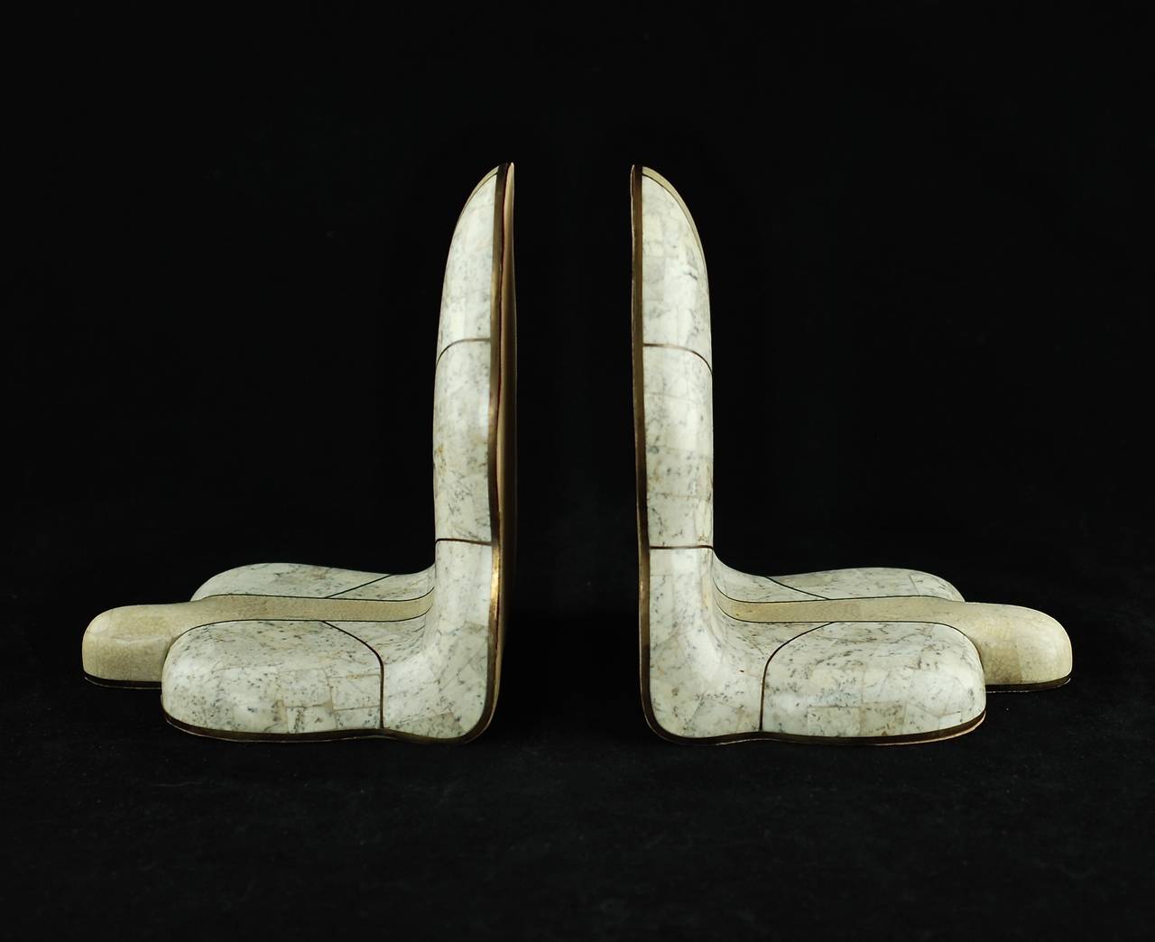 Modern Pair of Tessellated Stone Bookends with Brass Inlay and Stylized Leaf Motif