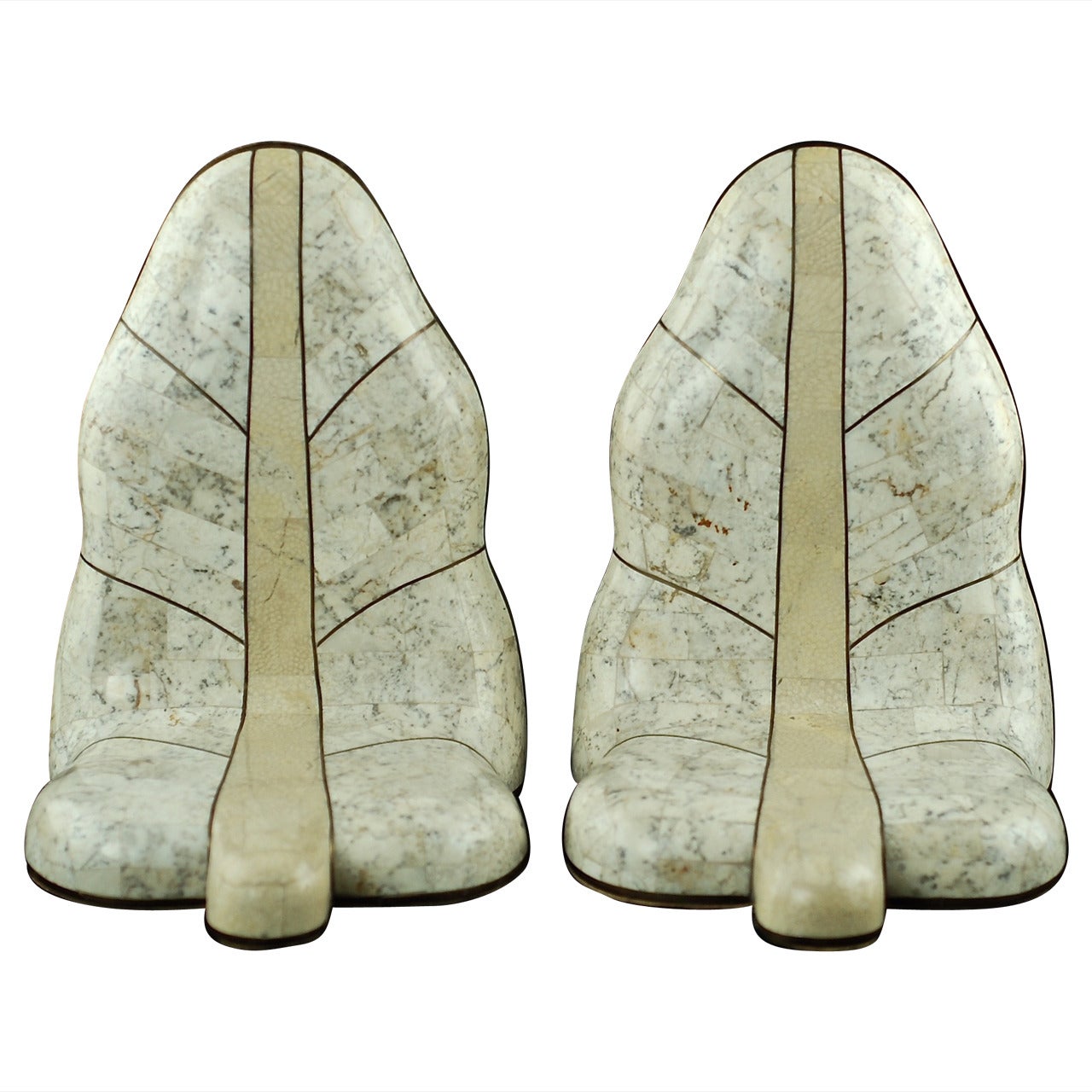 Pair of Tessellated Stone Bookends with Brass Inlay and Stylized Leaf Motif