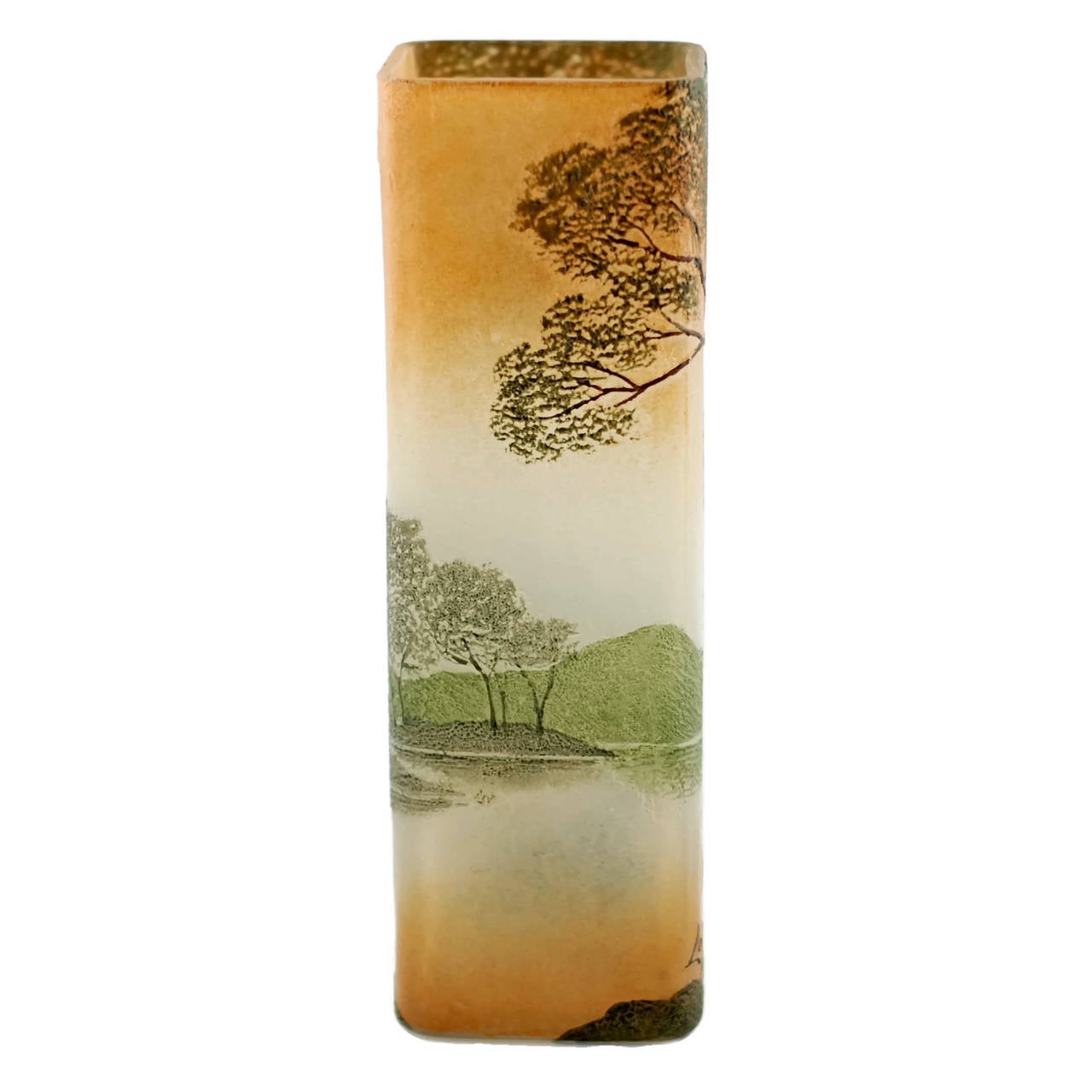 French Art Nouveau Legras Enameled Cameo Glass Vase with Landscape Motif