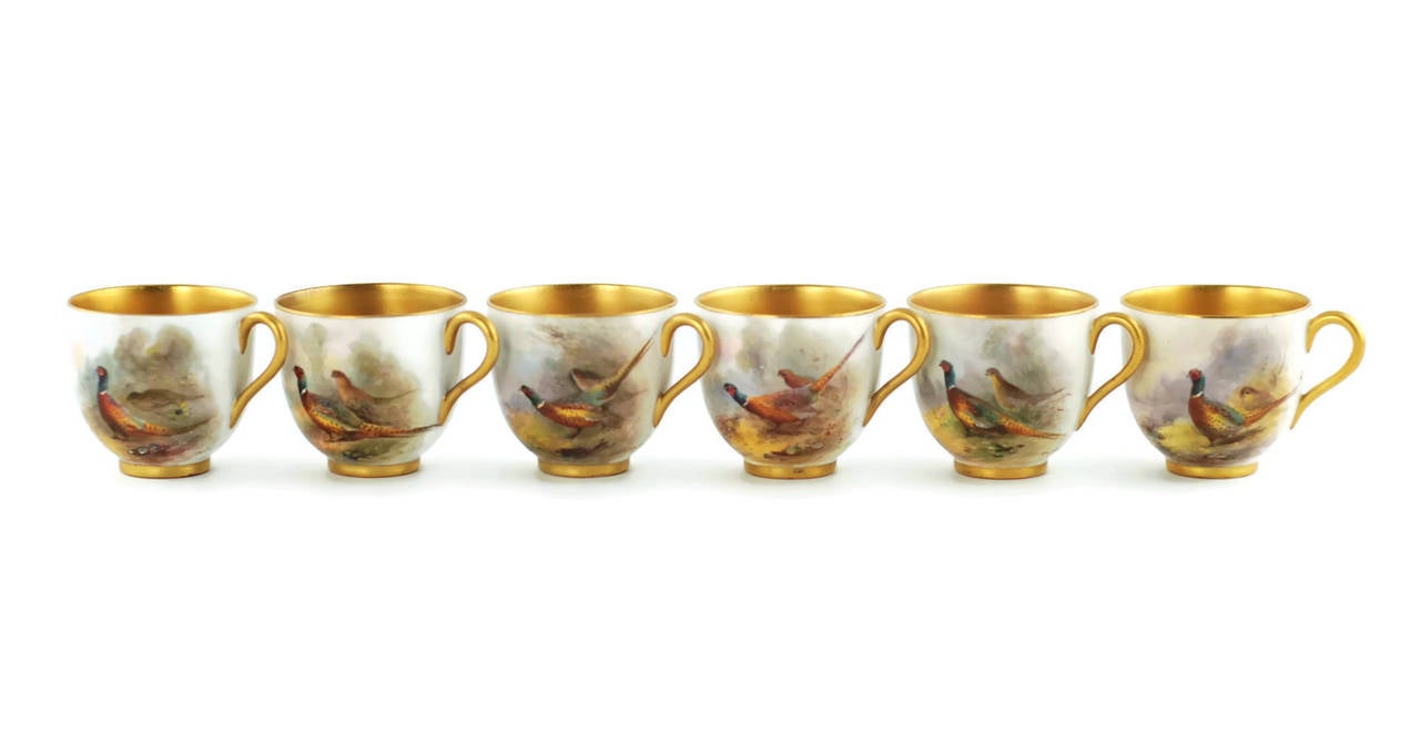 Early 20th Century Royal Worcester James Stinton Cased Coffee Set with Enameled Sterling Spoons
