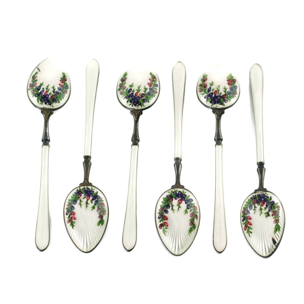 English Royal Worcester James Stinton Cased Coffee Set with Enameled Sterling Spoons