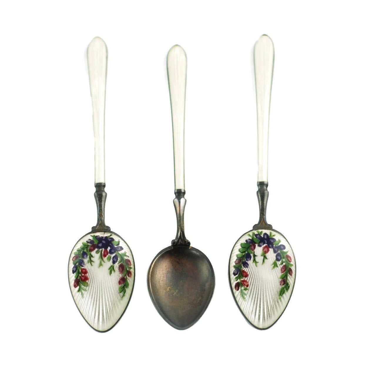 Painted Royal Worcester James Stinton Cased Coffee Set with Enameled Sterling Spoons
