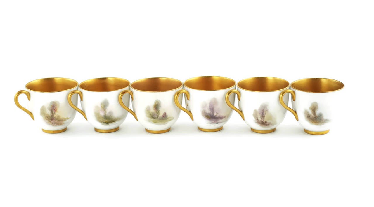 Royal Worcester James Stinton Cased Coffee Set with Enameled Sterling Spoons In Good Condition In Cincinnati, OH