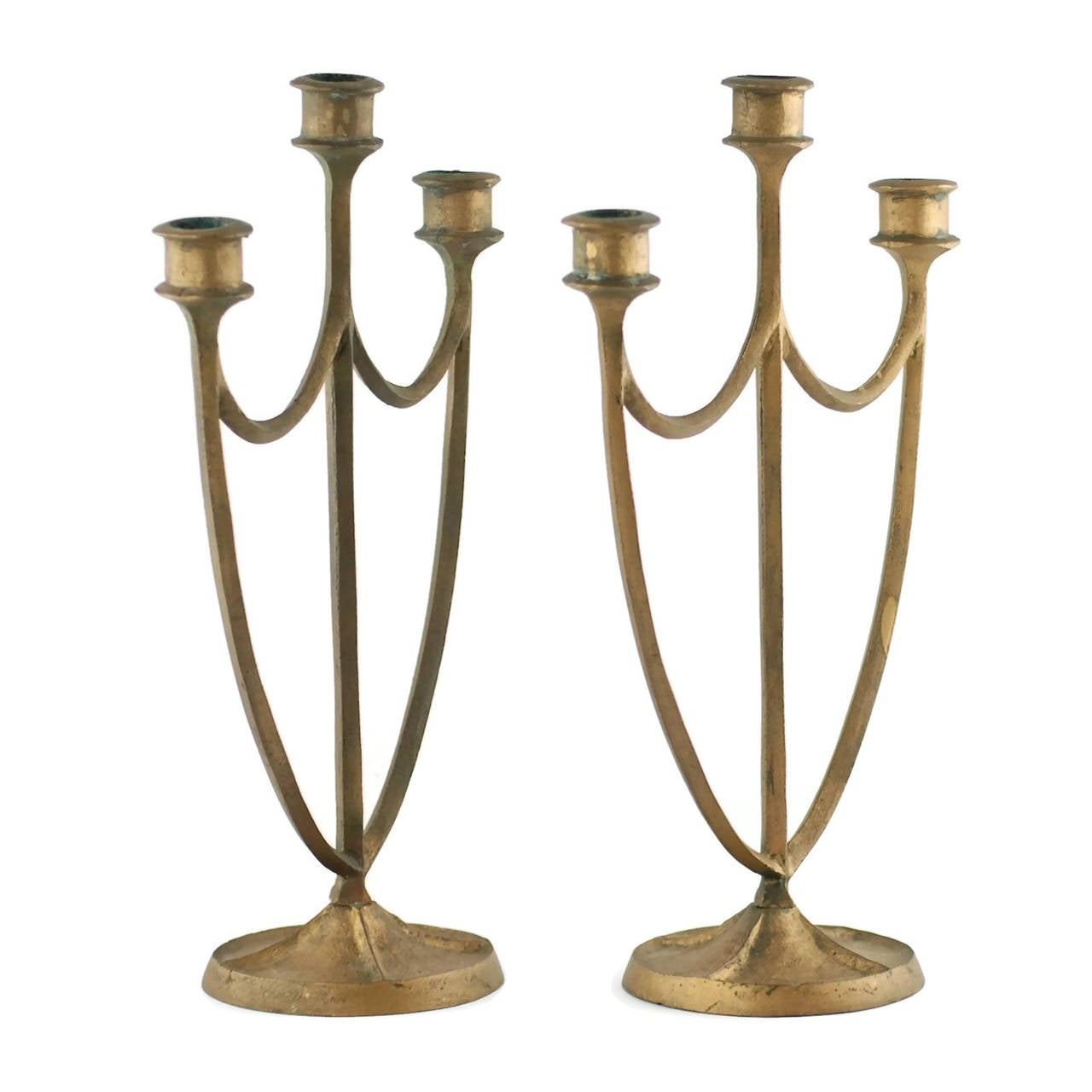 Arts and Crafts E.T. Hurley Bronze Three-Arm Candelabra, Set of Two