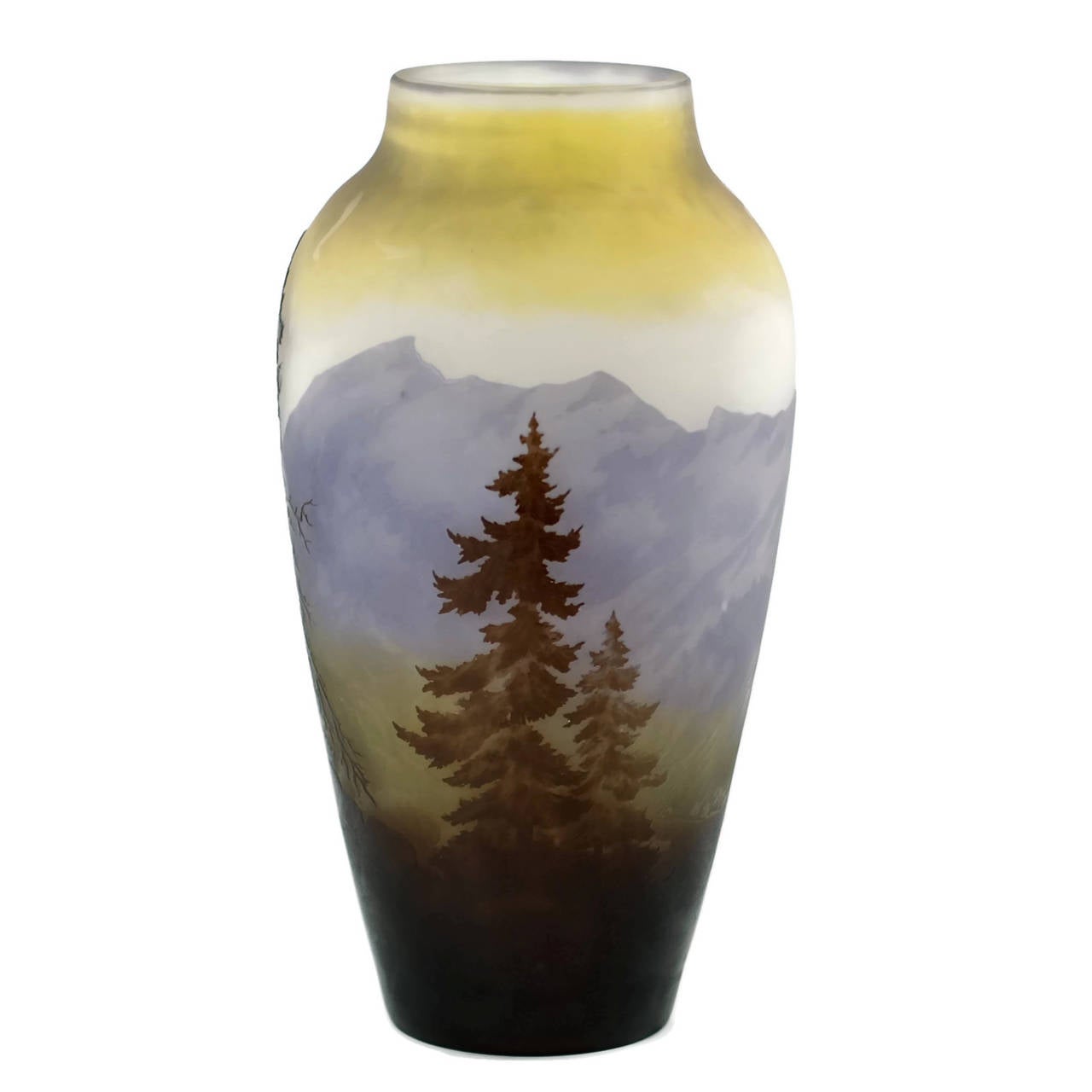 Diese Vase aus Jugendstil-Kamee-Glas stammt aus dem Atelier des französischen Botanikers und Künstlers Emile Gallé (1846-1904). Gallé ist vor allem für seine Kameengläser bekannt:: die er mit Hilfe von Radschnitt- und Ätztechniken herstellt. Diese