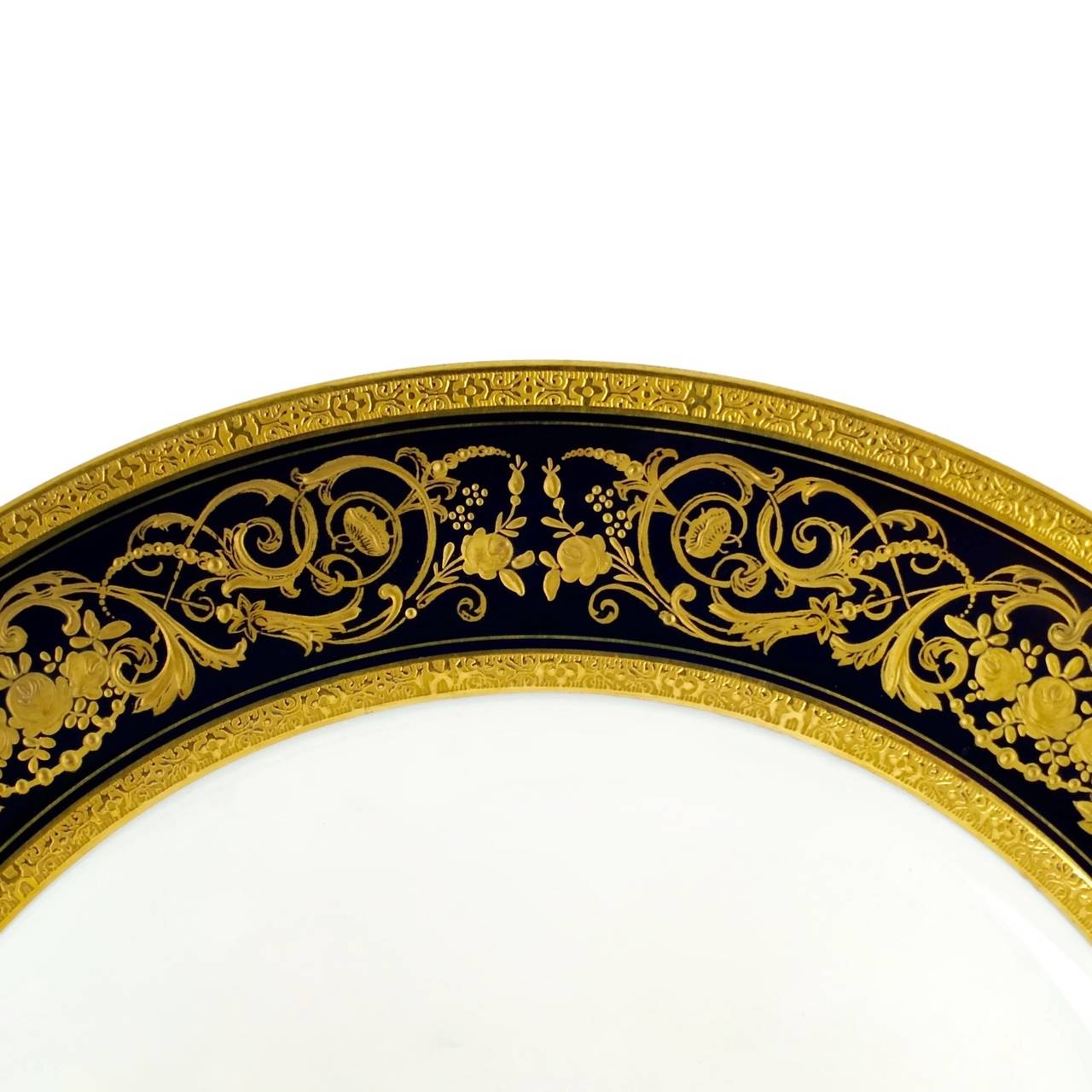 Rococo Charles Ahrenfeldt Limoges Gilt Encrusted Cobalt Rim Dinner Plates, Set of 12