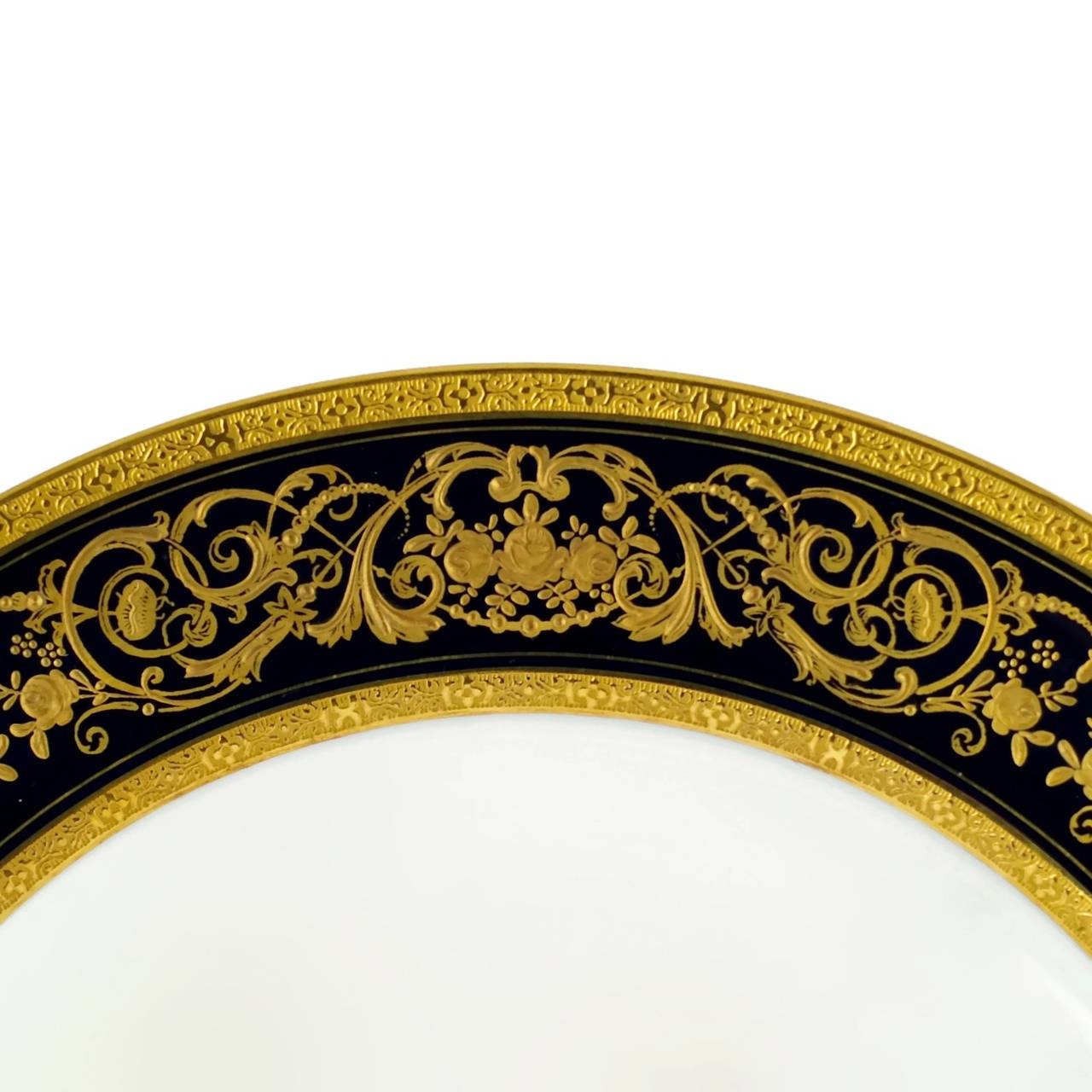 French Charles Ahrenfeldt Limoges Gilt Encrusted Cobalt Rim Dinner Plates, Set of 12