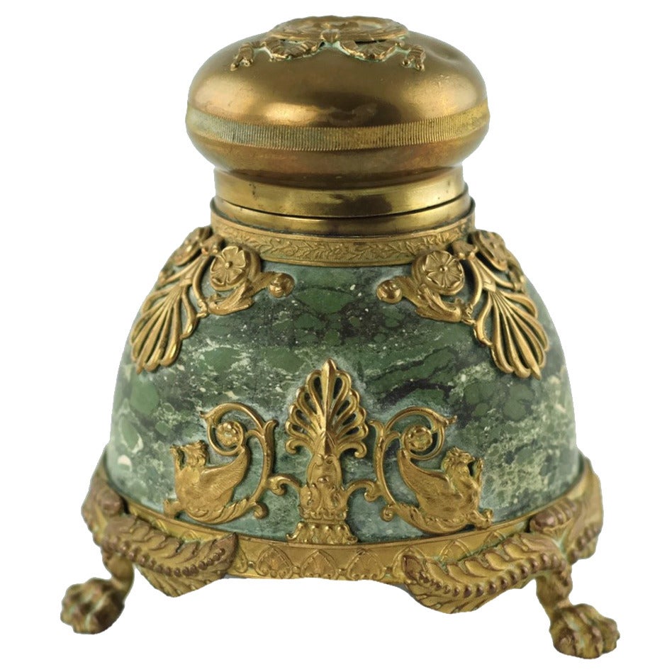 19th Century French Marble Inkwell with Bronze Doré Mounts