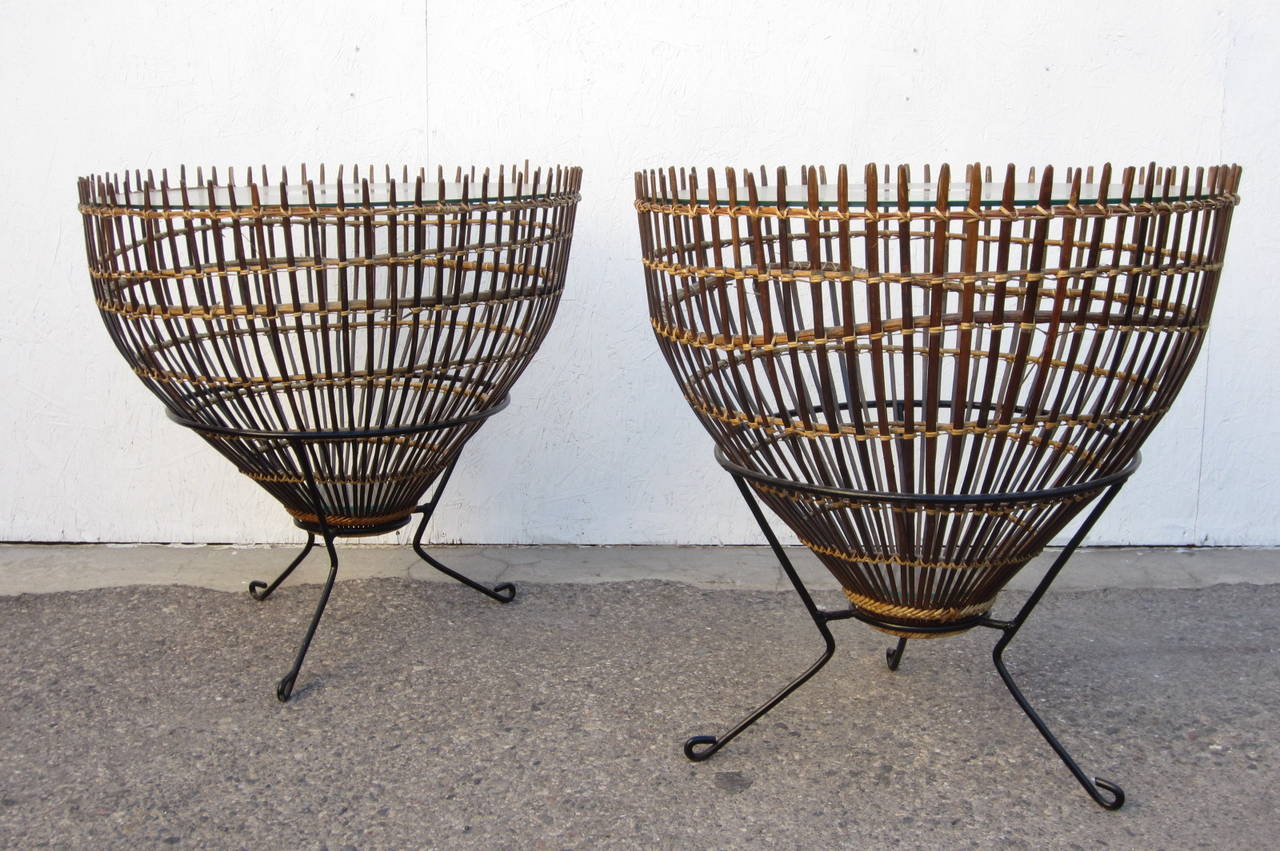 Italian Mid-Century Modern Franco Albini Rattan, Iron and Glass Side Tables