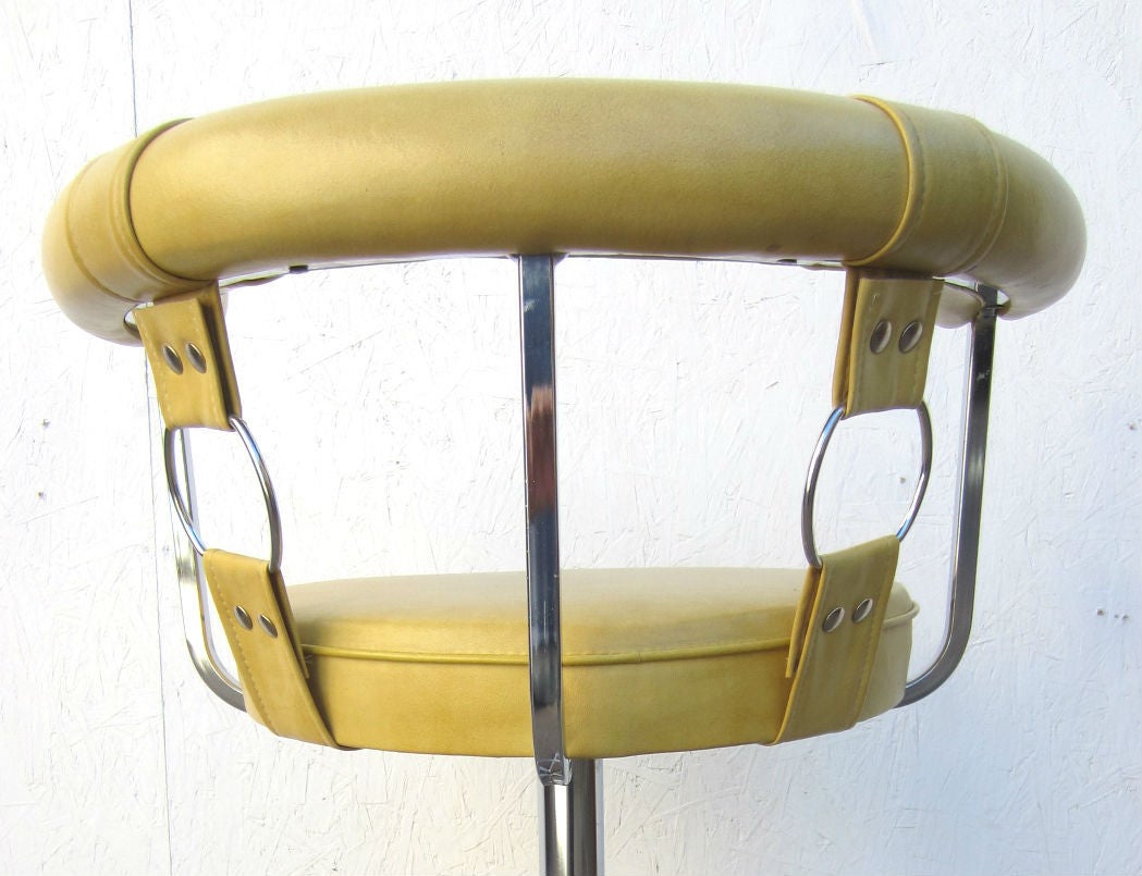 Trio of Hollywood Regency Chrome and Yellow Bar-Arm Stools In Good Condition In Las Vegas, NV