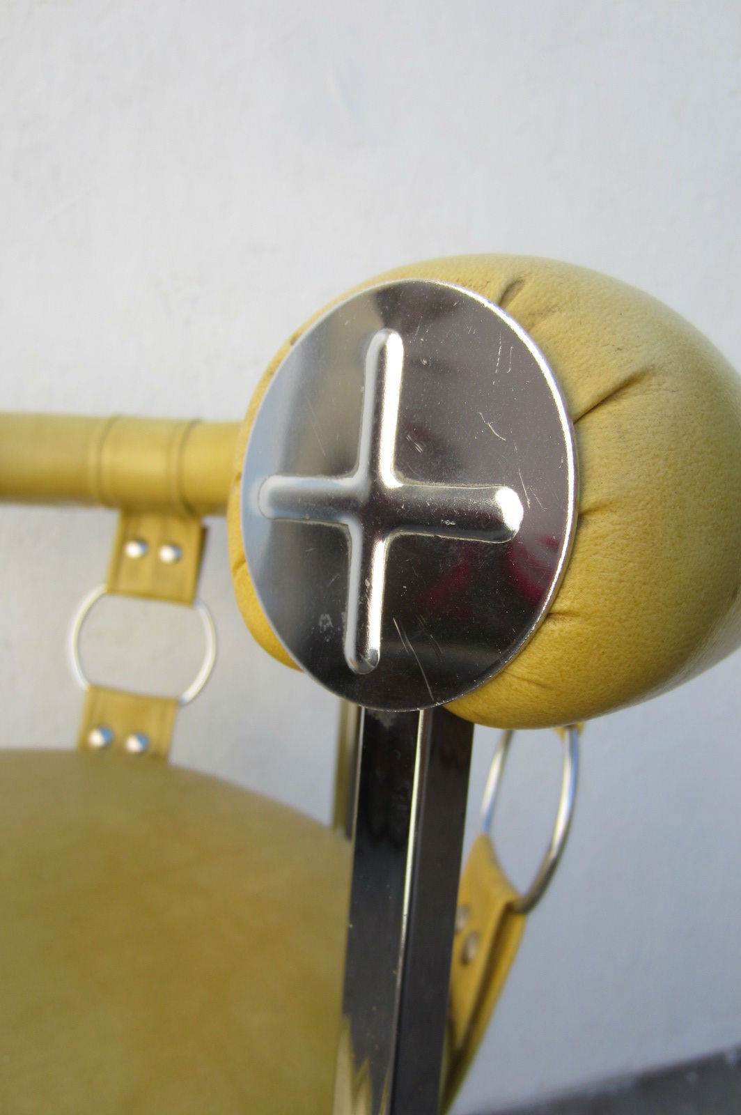 Late 20th Century Trio of Hollywood Regency Chrome and Yellow Bar-Arm Stools
