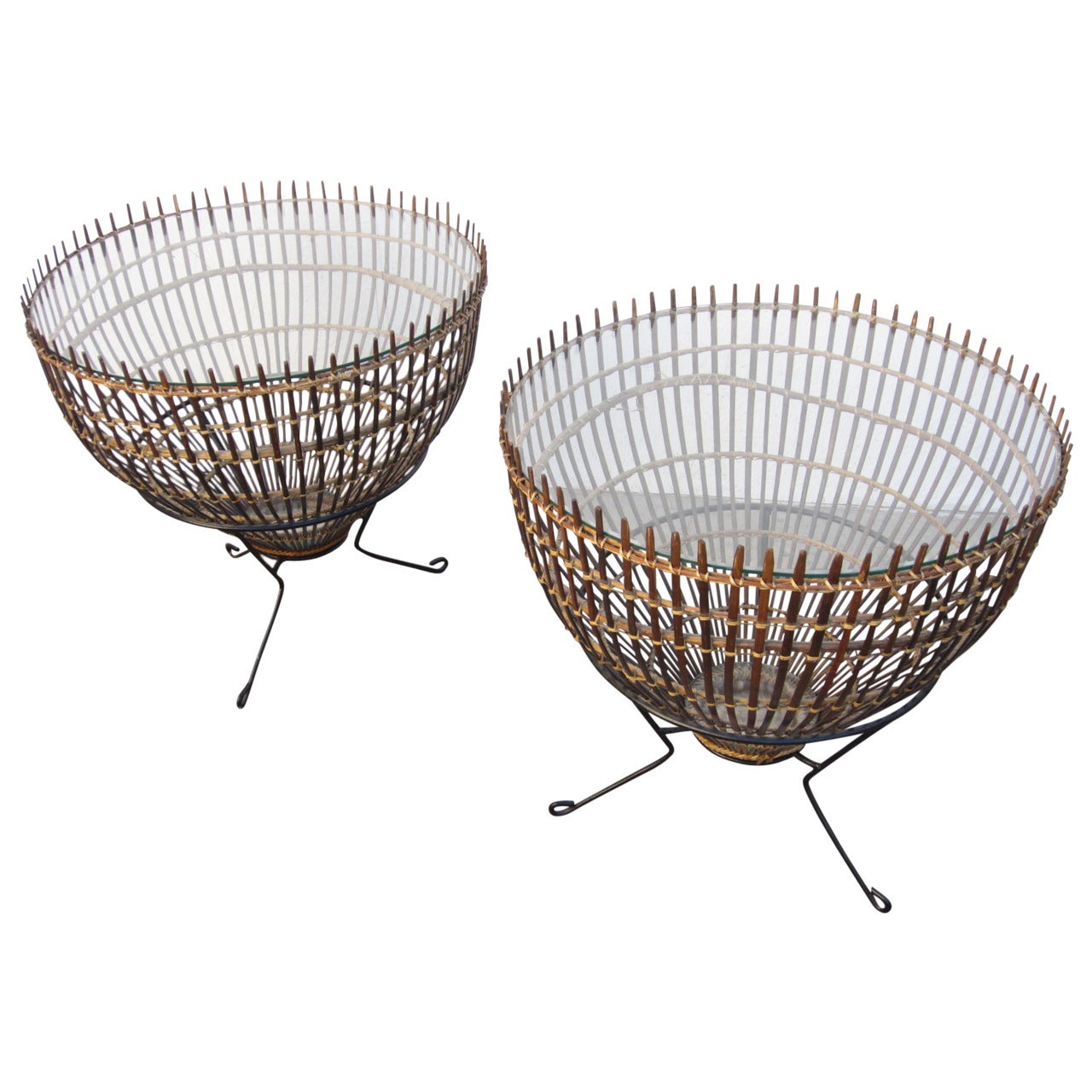 Mid-Century Modern Franco Albini Rattan, Iron and Glass Side Tables