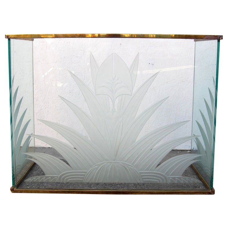 Hollywood Regency Brass And Etched Glass Fireplace Screen After Fontana Arte