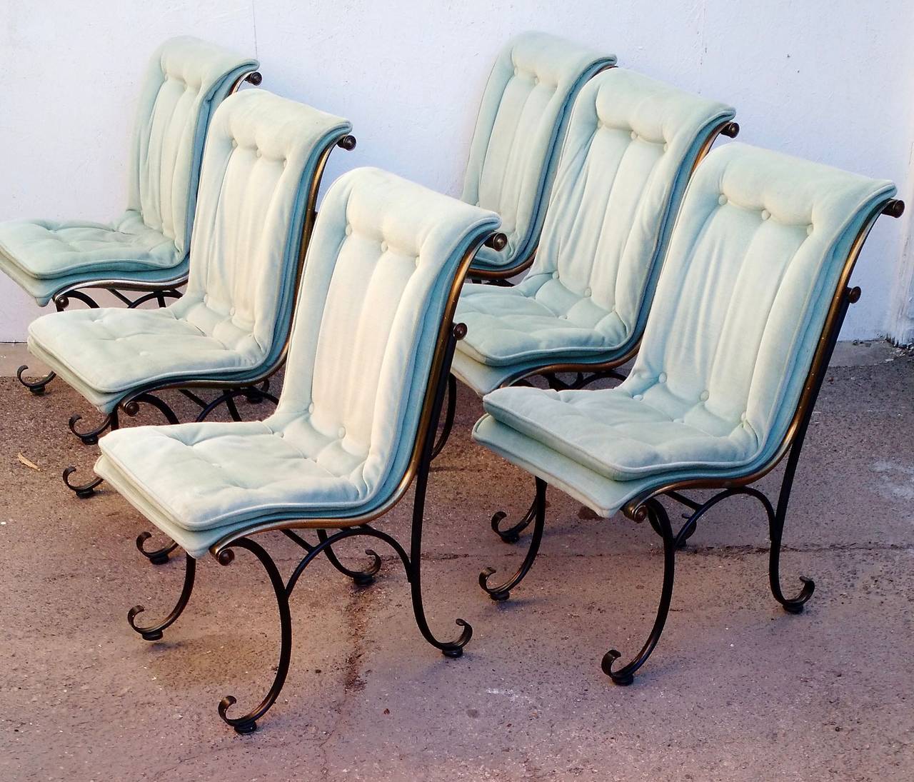 Rare 1960s iron and brass sculptural dining chair by Lee L. Woodard & CO.
upholstered in powder blue velvet.
Set of six chairs in solid condition showing minimal wear.
I have the matching table for this set which I will be posting for sale soon