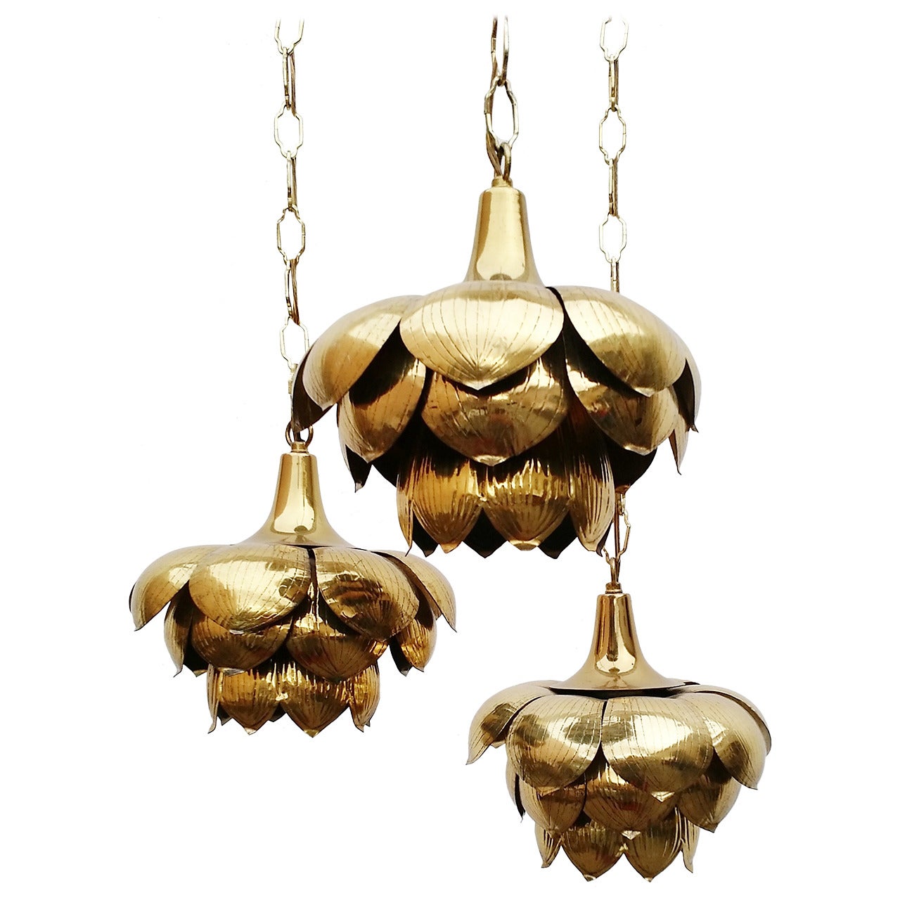 Hollywood Regency Brass Triple Lotus Pendant Chandelier by Feldman Co.