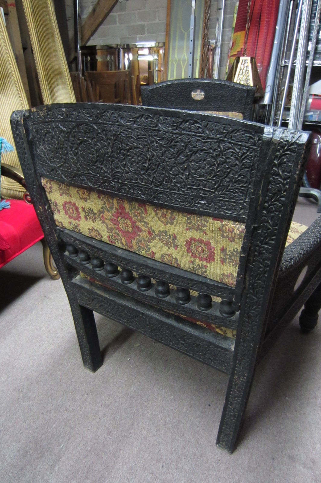 Anglo-Indian Exotic Hand Carved Teak Ceremonial Lounge Chairs For Sale
