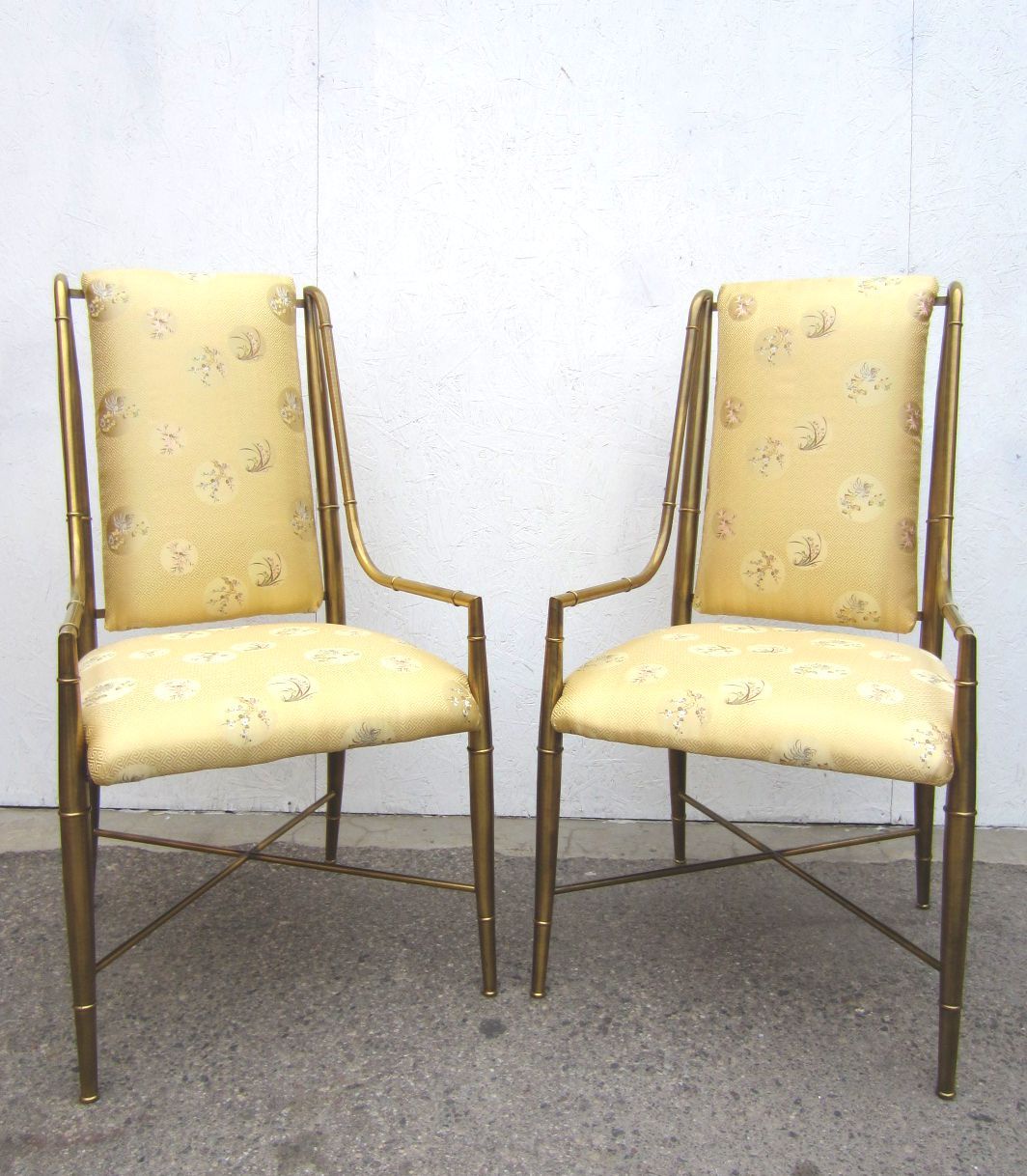 Set of six Mastercraft furniture brass faux bamboo armchairs.
Beautiful set in excellent original condition. No damage or cracks.
Brass has a warm aged patina.
Newer Asian inspired Greek key design silk upholstery.
One of the best looking and