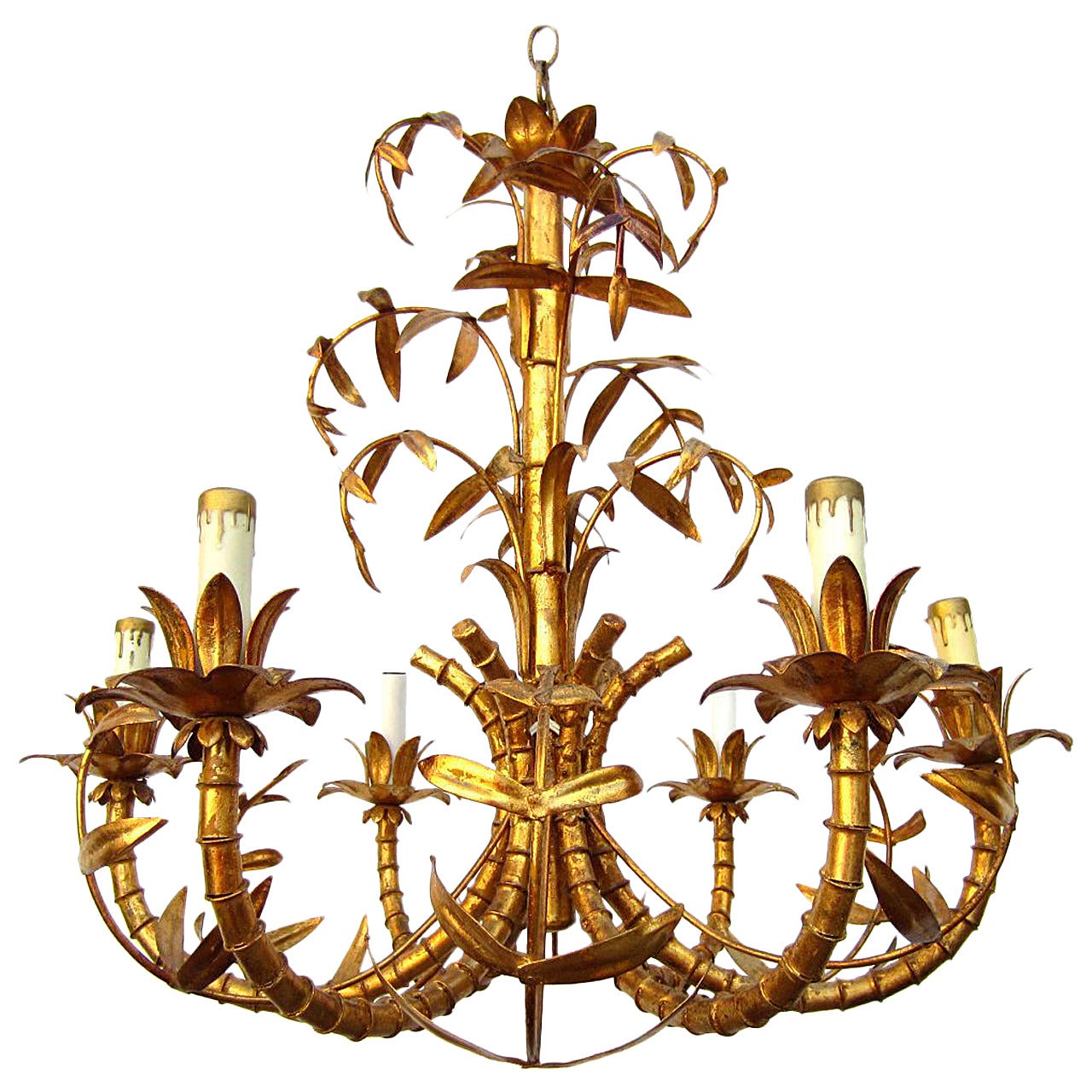 Hollywood Regency Gold Gilded, Faux Bamboo Chandelier Tole, Italy 1950s