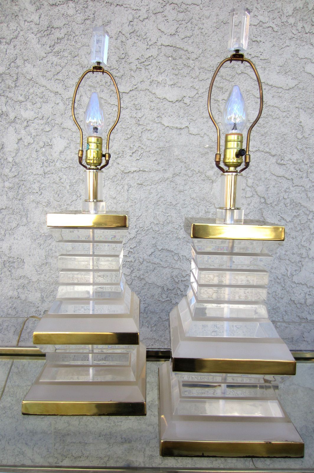 American Pair of Stacked Lucite and Brass Lamps, circa 1970s Hollywood Regency