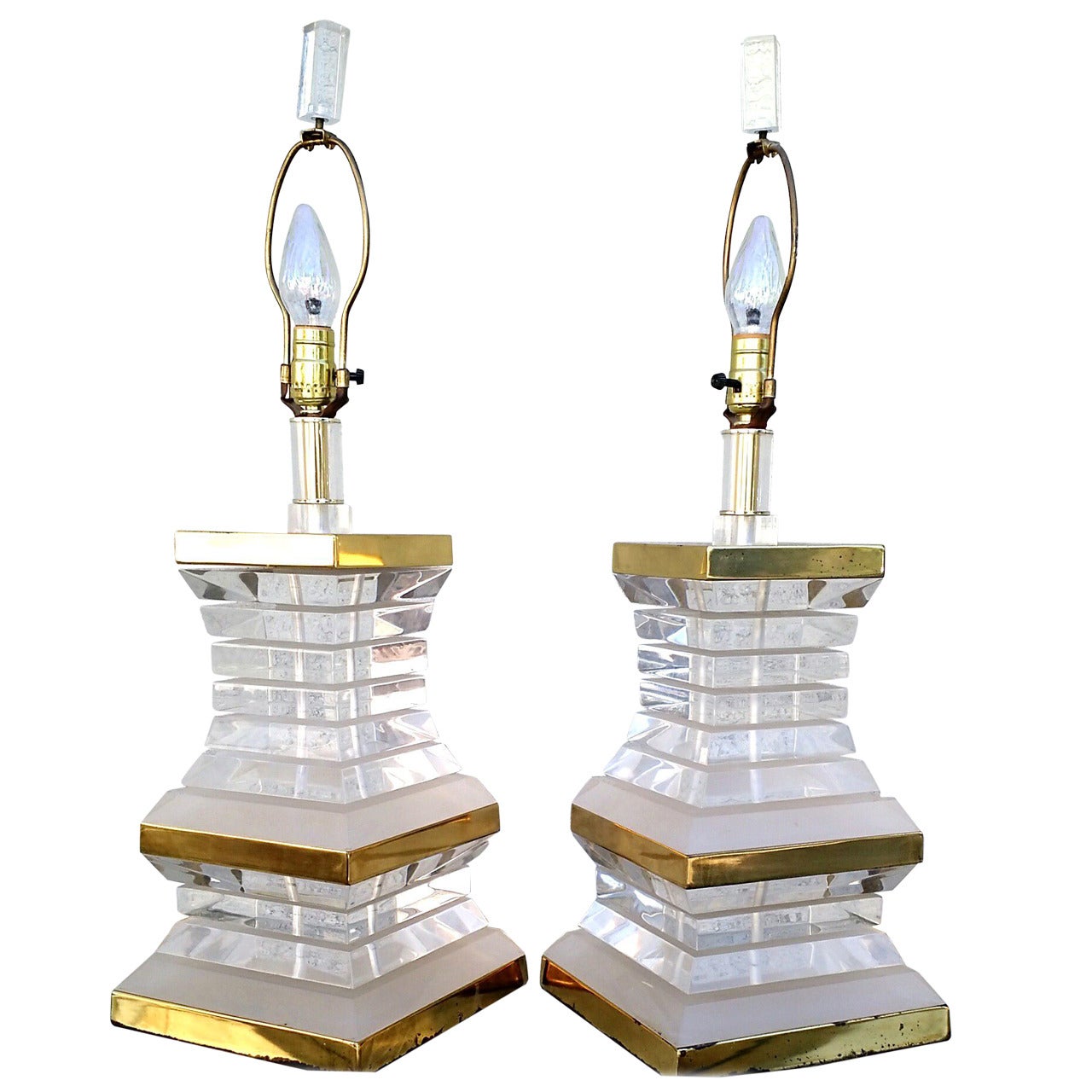 Pair of Stacked Lucite and Brass Lamps, circa 1970s Hollywood Regency
