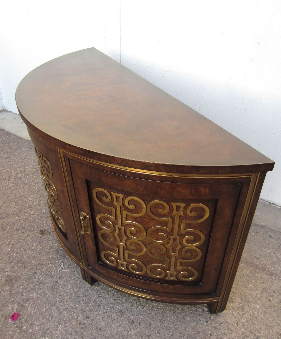 Hollywood Regency 1970s Mastercraft Furniture Burl Wood and Brass Demilune Cabinet