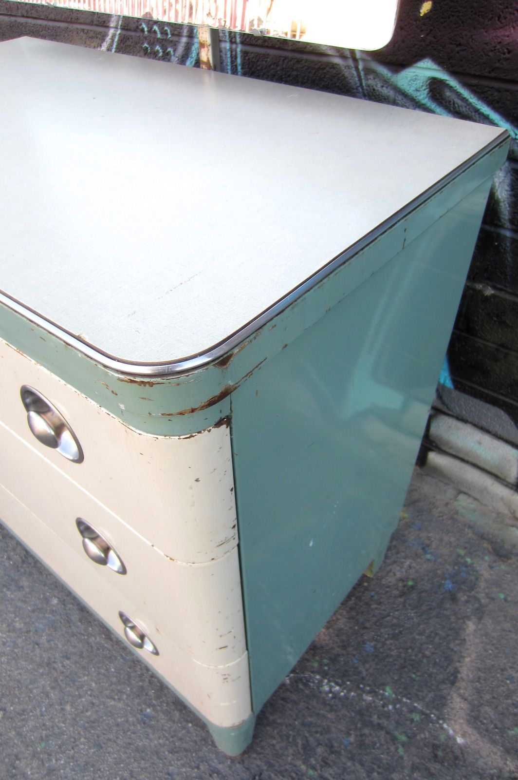 Industrial Art Deco Norman Bel Geddes for Simmons Steel Dresser, Original In Good Condition In Las Vegas, NV