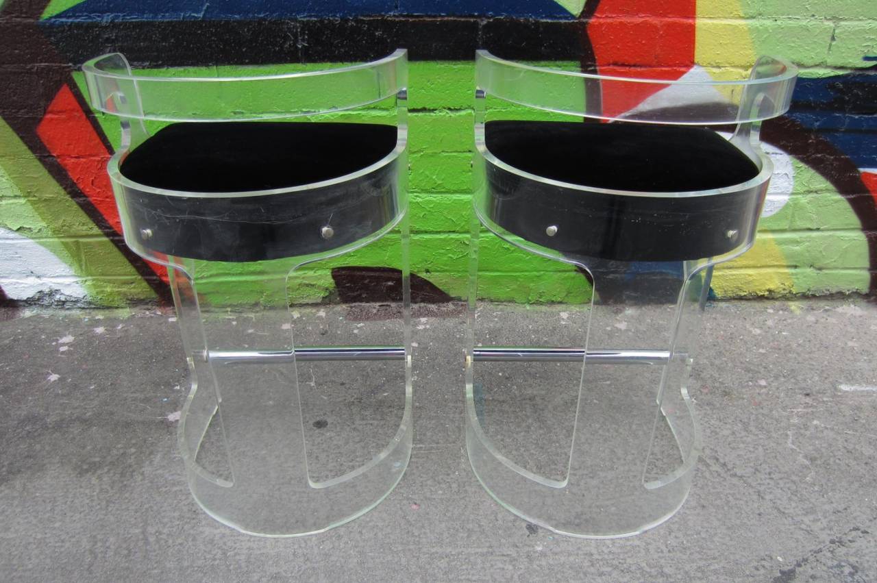 American Pair of 1970s Charles Hollis Jones Lucite and Chrome Bar Stools