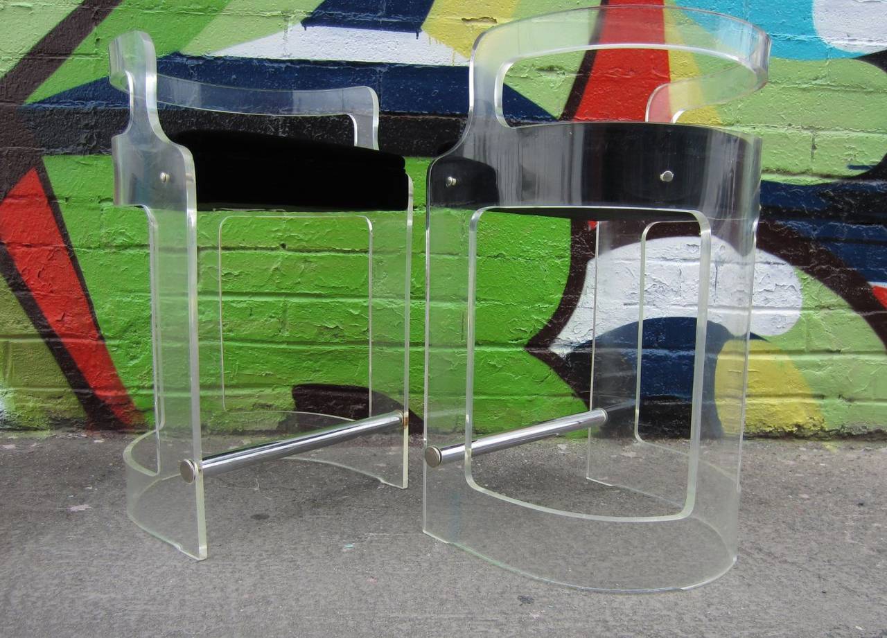 Hollywood Regency Pair of 1970s Charles Hollis Jones Lucite and Chrome Bar Stools