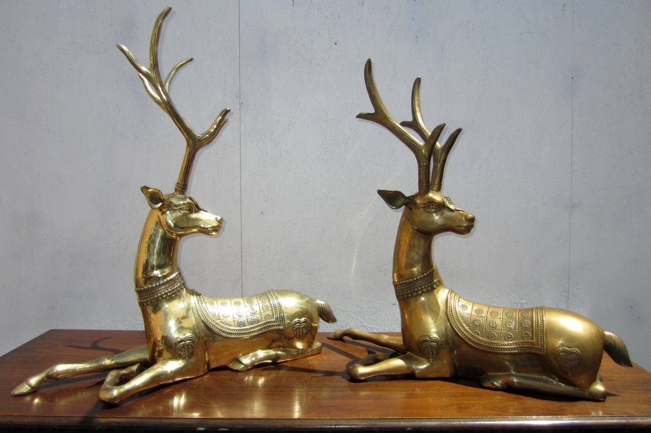 Spanish Hollywood Regency Sarreid Spain Brass Deer Floor Sculptures, Three Feet Tall