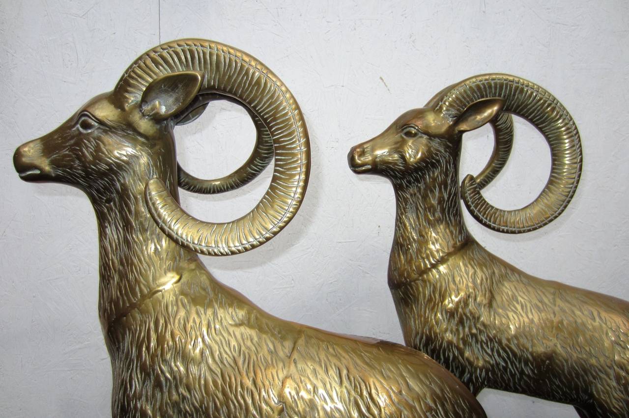 Late 20th Century Huge Hollywood Regency Brass Big Horned Ram Floor Sculptures, circa 1970s