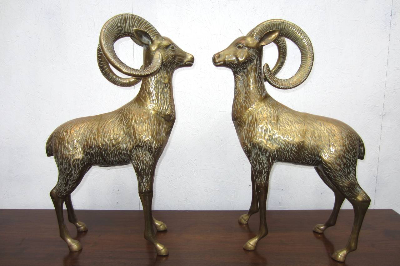 Huge Hollywood Regency Brass Big Horned Ram Floor Sculptures, circa 1970s 1