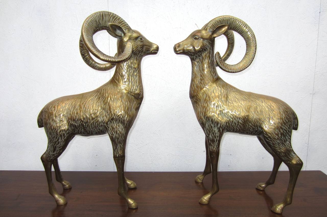 Huge Hollywood Regency Brass Big Horned Ram Floor Sculptures, circa 1970s 1