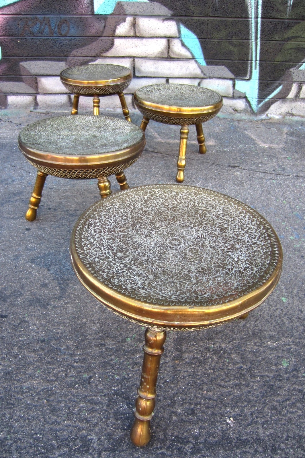 Set of Four, Exotic Middle Eastern Antique Brass TriPod Stools