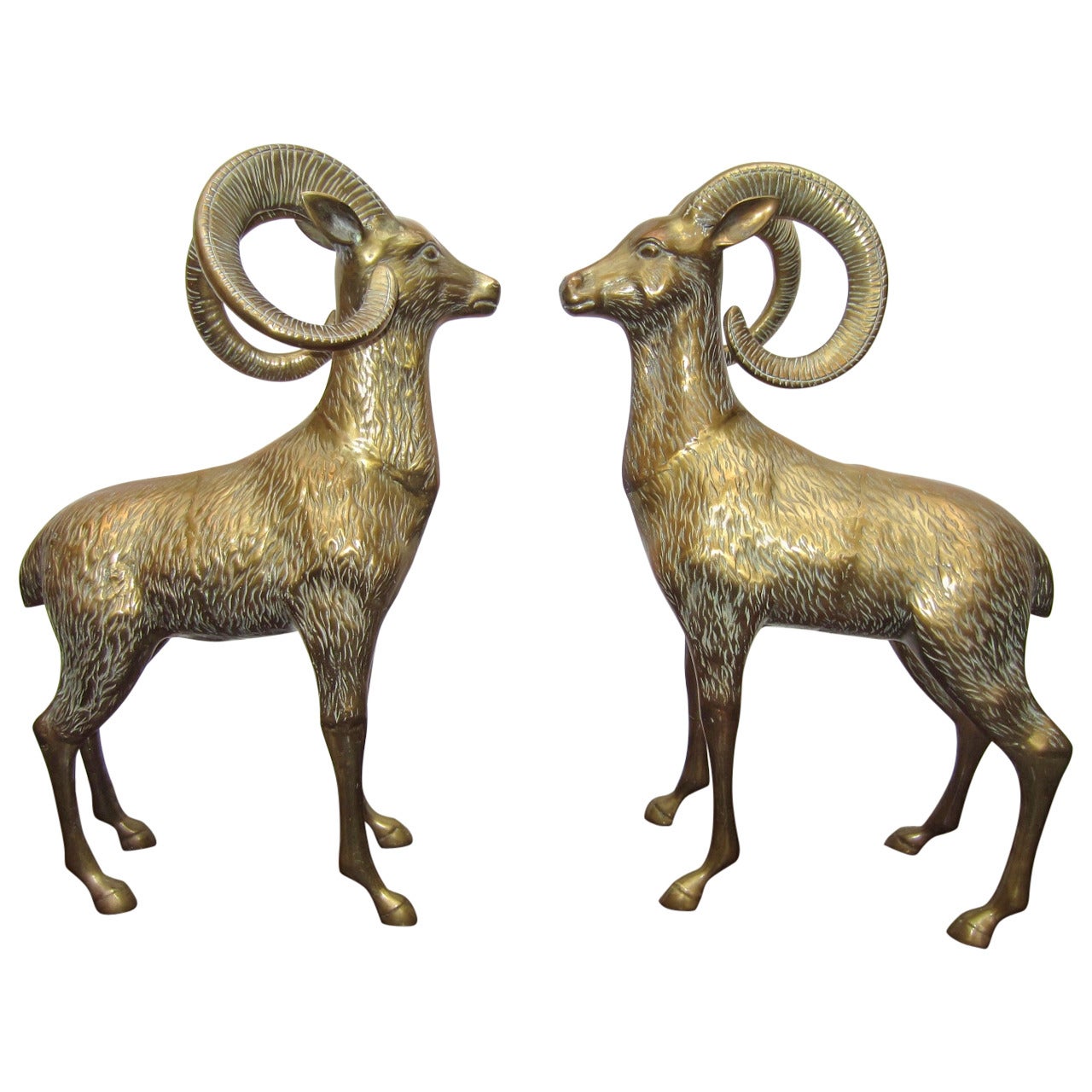 Huge Hollywood Regency Brass Big Horned Ram Floor Sculptures, circa 1970s