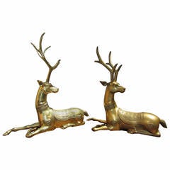 Vintage Hollywood Regency Sarreid Spain Brass Deer Floor Sculptures, Three Feet Tall