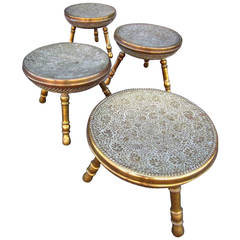 Set of Four, Exotic Middle Eastern Vintage Brass TriPod Stools Hollywood Regency