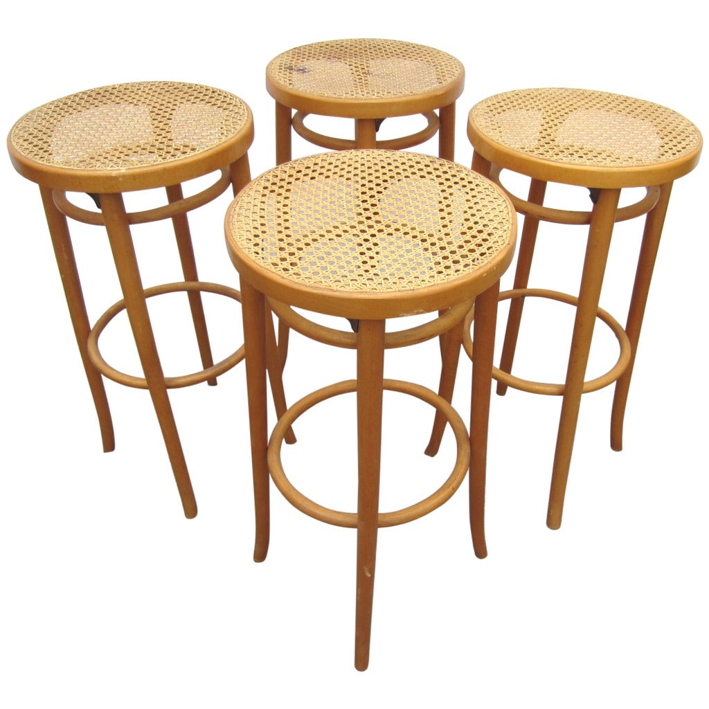 Set of Four Vintage Michael Thonet Design Cane Bar Stools, 29 Inches