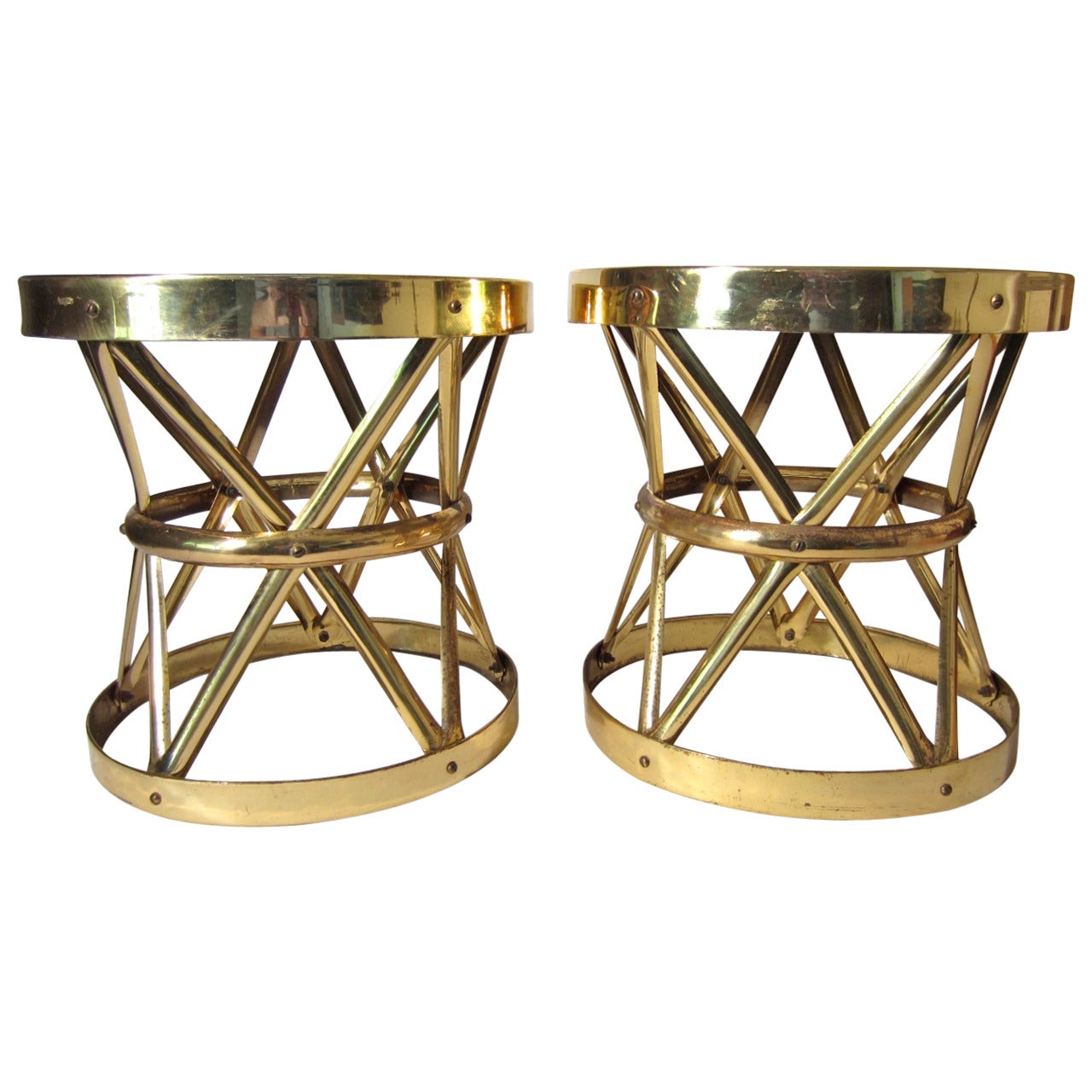 Large 1960s Hollywood Regency Woven Brass Tables Pair