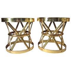 Large 1960s Hollywood Regency Woven Brass Tables Pair