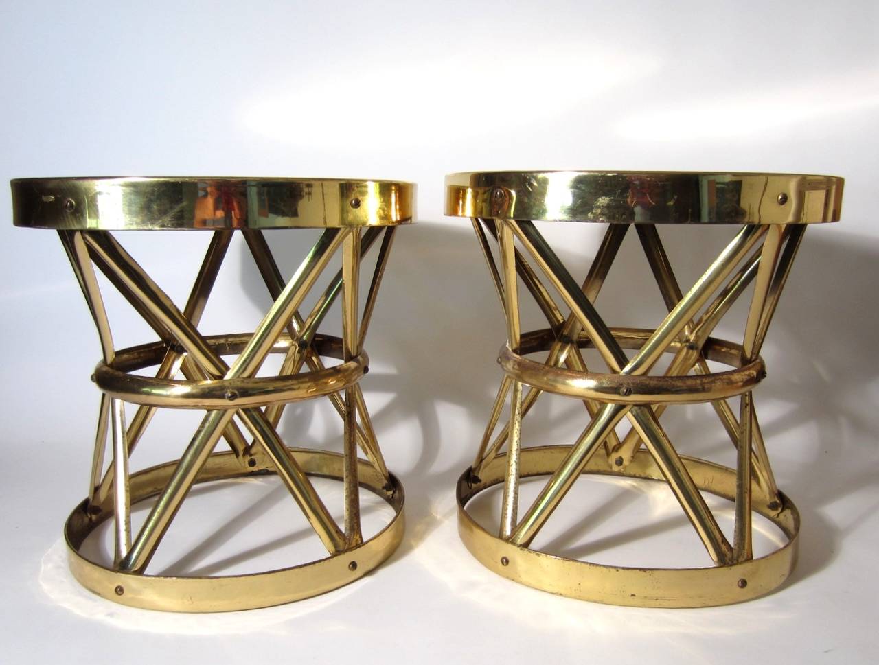 Large 1960s Hollywood Regency Woven Brass Tables Pair 2