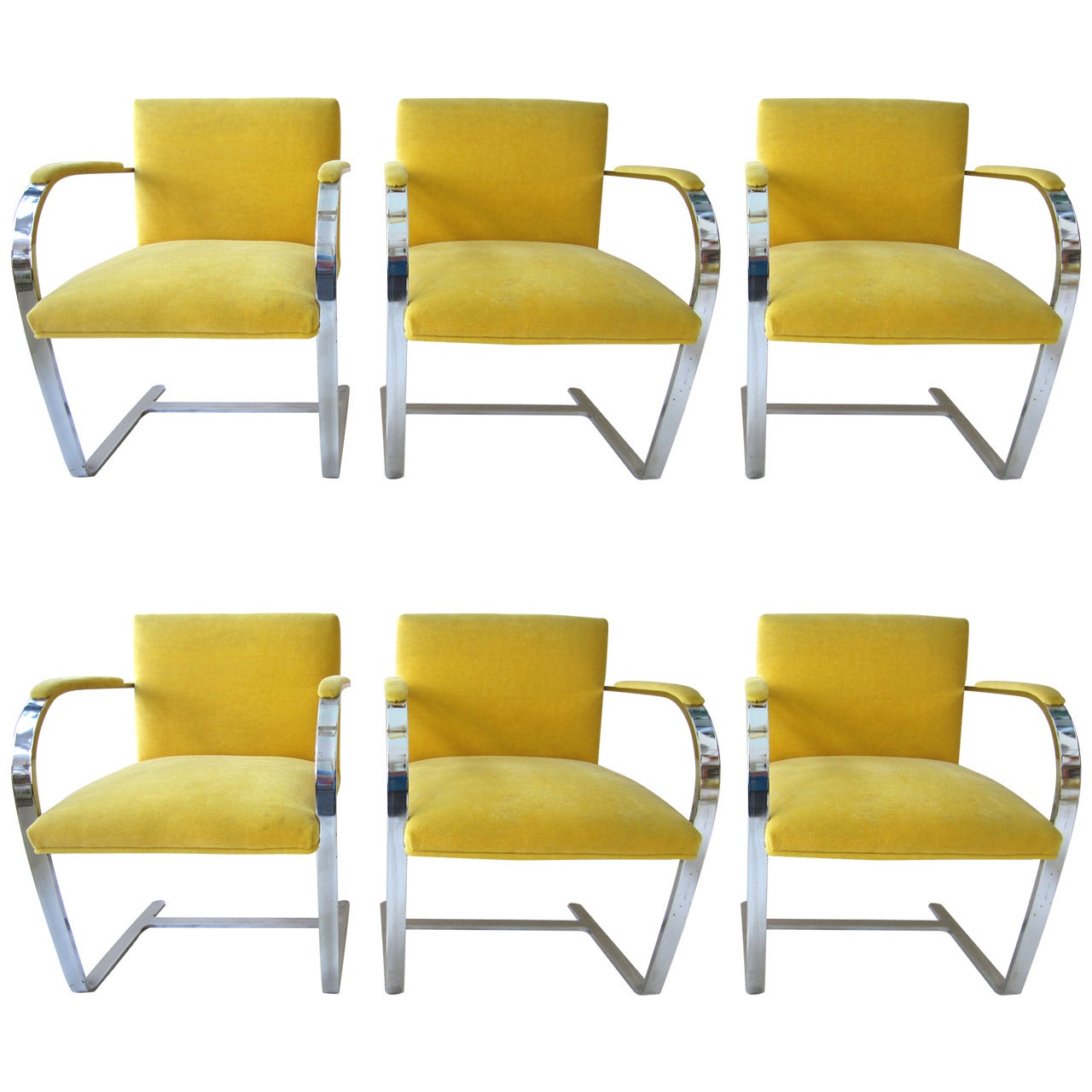 Six 1960s Mies van der Rohe BRNO Dining Chairs in Yellow Mohair