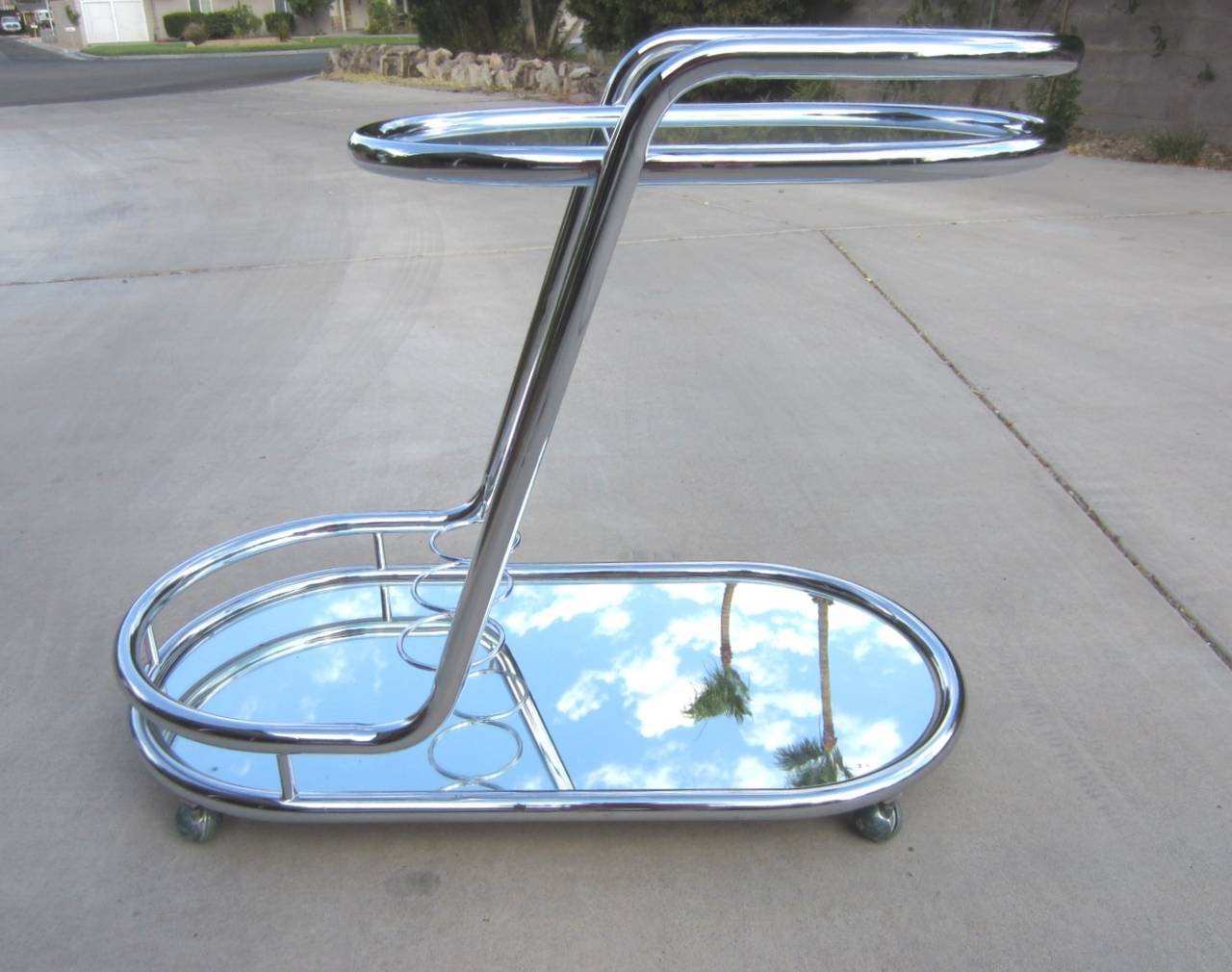 American Mid-Century Modern Cantilever Chrome Tube Bar Serving Cart