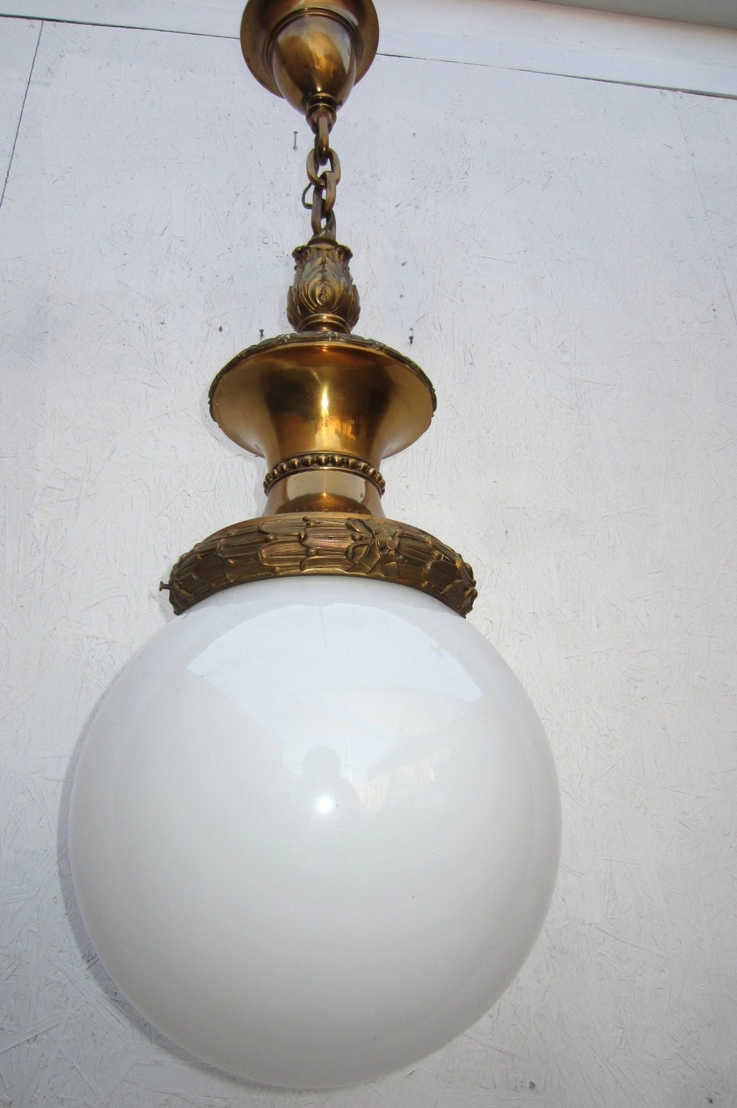 Edwardian Early 1900s Bronze and Milk Glass Ball Auditorium Pendant Lamp